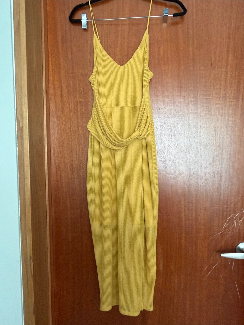 Express Ribbed Mustard Midi Dress with Front Knot